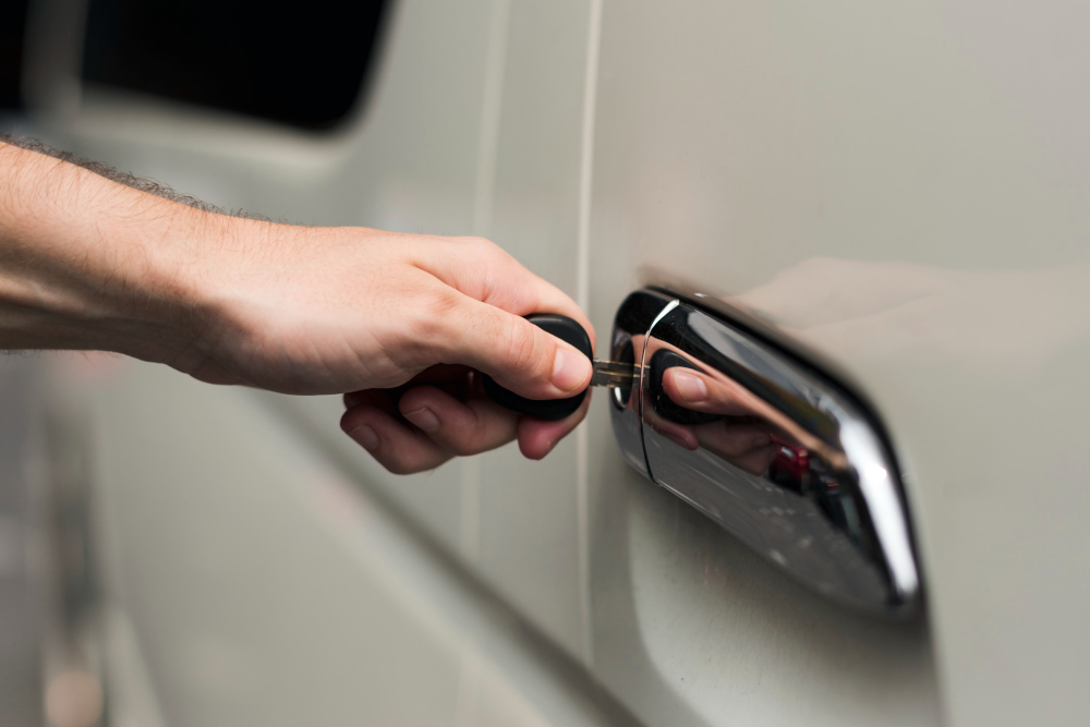 An image of a locksmith professional unlocking a car door as emergency service
